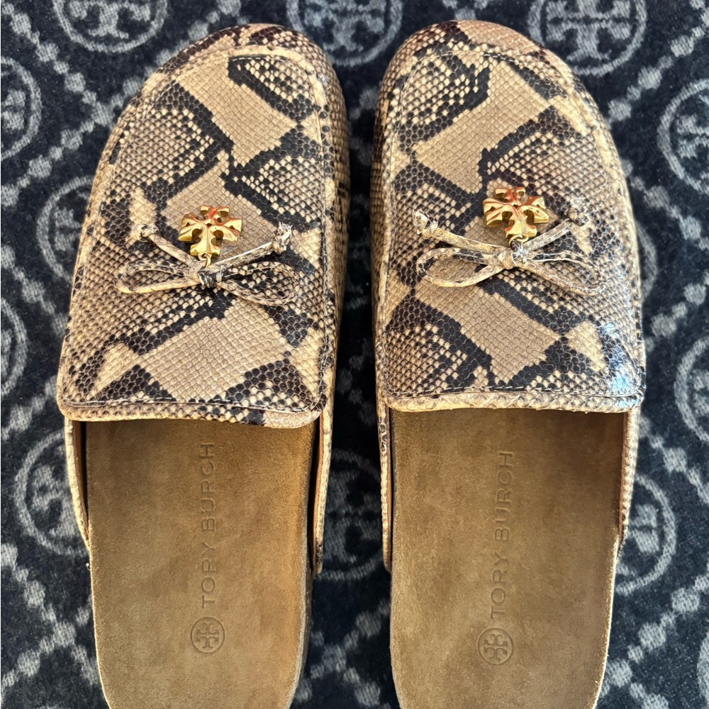 Tory Burch Beige and Black Snakeskin Mules